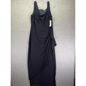 Alex Evenings Dress Womens 14 Navy Sequin Bodice Ruched Ruffle Maxi Gown 125196